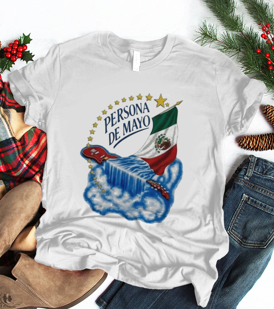 Persona De Mayo Mexican Flag Guitar Waterfall Stars T-Shirt