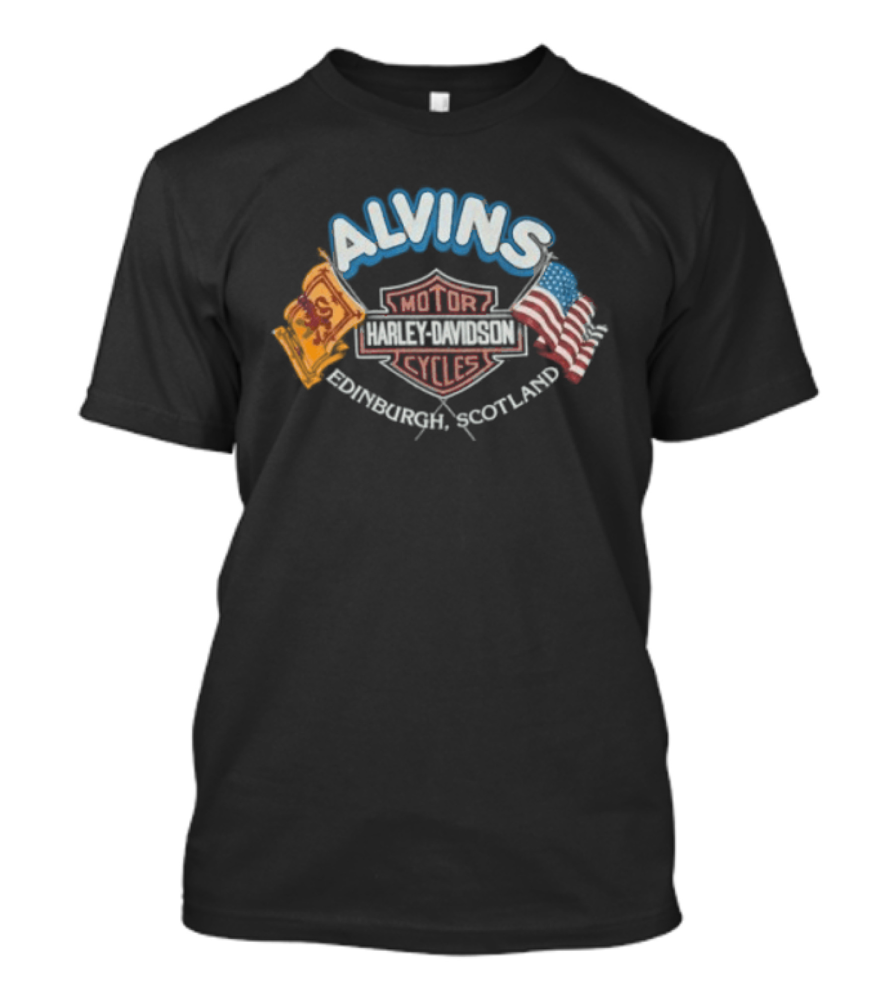 1990s Harley Davidson Alvins Motorcycles Scotland USA Flags T-Shirt
