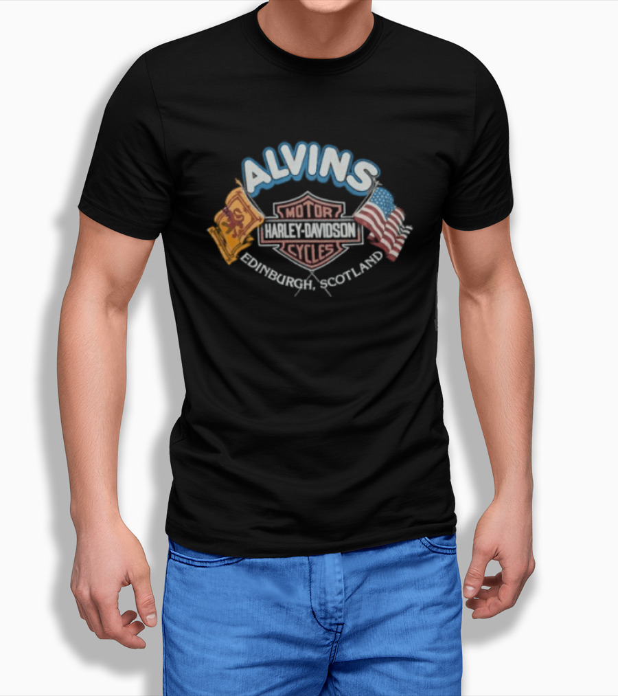 1990s Harley Davidson Alvins Motorcycles Scotland USA Flags T-Shirt