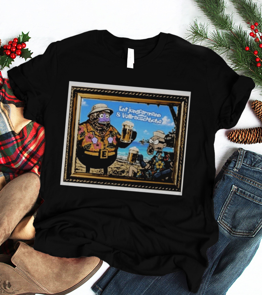 Entjungfermann And Vollrauschbube Tropical Beach Cartoon Characters Cheers With Beer T-Shirt