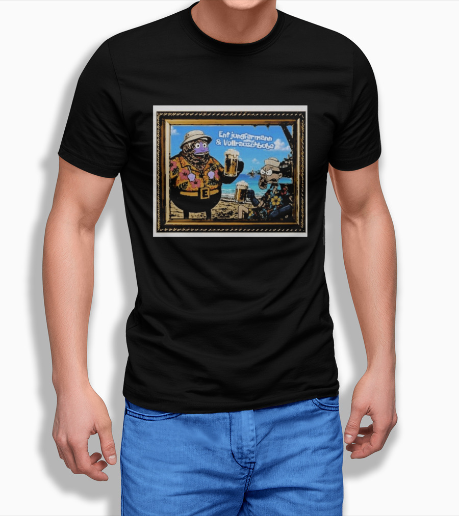 Entjungfermann And Vollrauschbube Tropical Beach Cartoon Characters Cheers With Beer T-Shirt