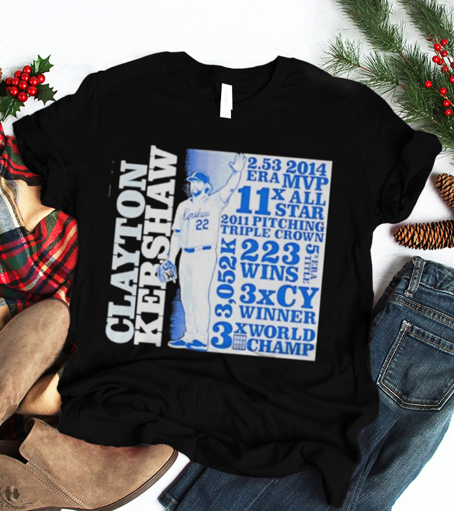 Clayton Kershaw Los Angeles Dodgers 3x World Champ 11x All Star 3x CY Winner 223 Wins T-Shirt