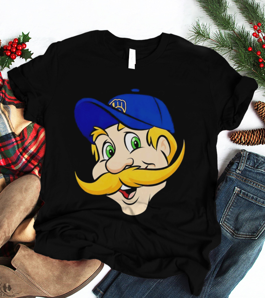 Milwaukee Brewers Big Face Mascot With Blue Cap And Mustache T-Shirt