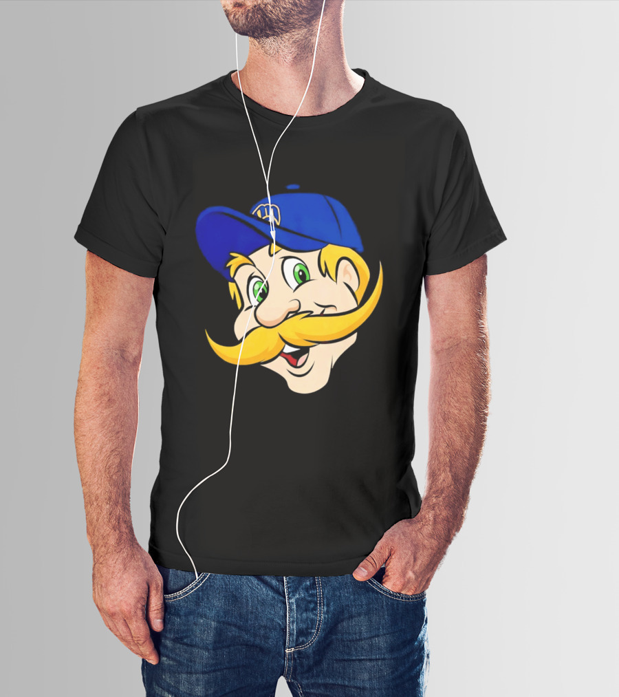 Milwaukee Brewers Big Face Mascot With Blue Cap And Mustache T-Shirt