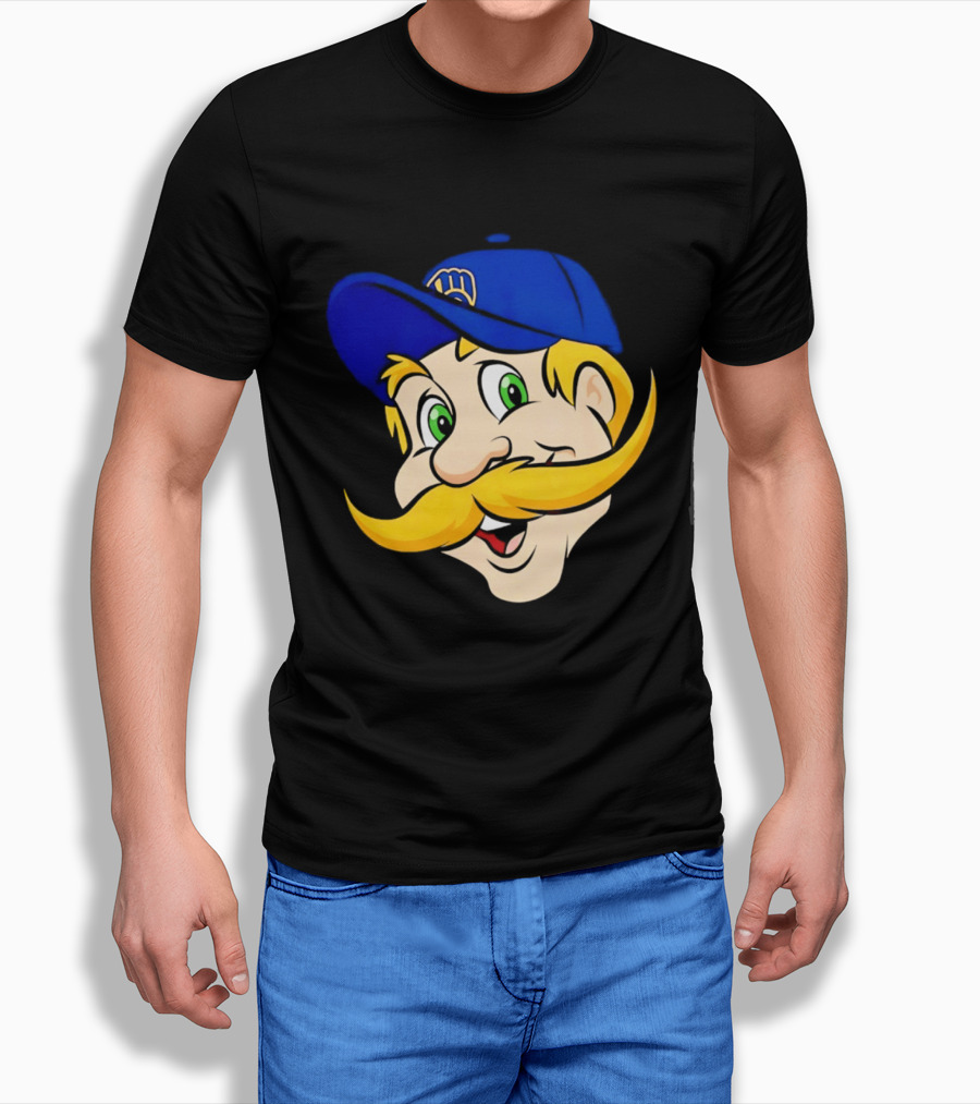 Milwaukee Brewers Big Face Mascot With Blue Cap And Mustache T-Shirt