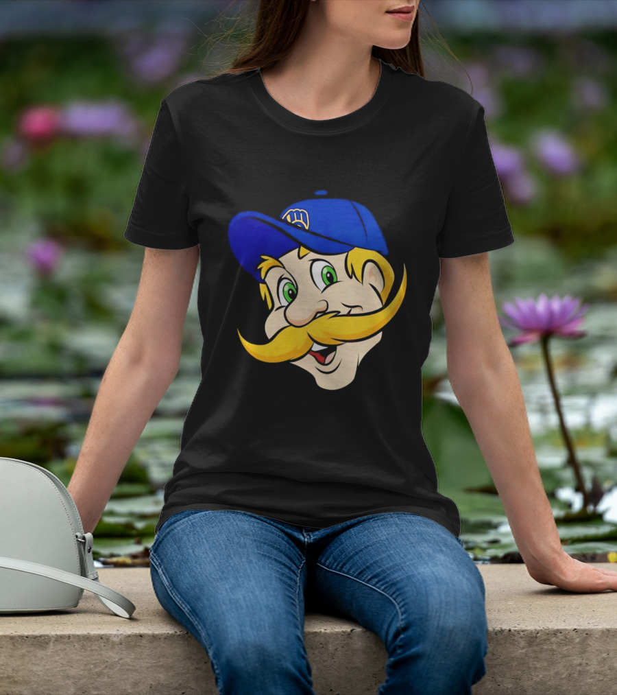 Milwaukee Brewers Big Face Mascot With Blue Cap And Mustache T-Shirt