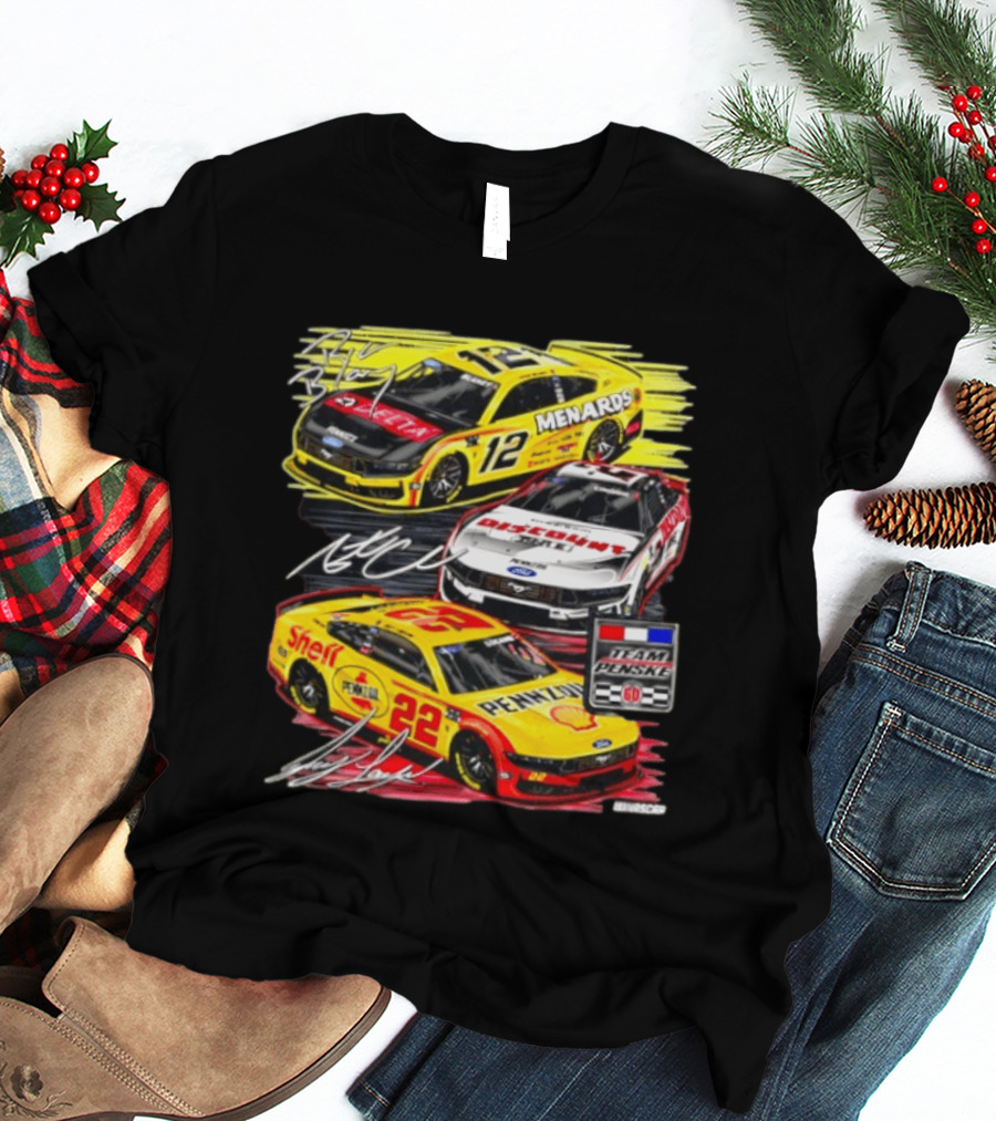 Team Penske 60th Anniversary NASCAR Racing Cars With Menards Shell Pennzoil Discount Tire Sponsors And Driver Signatures T-Shirt