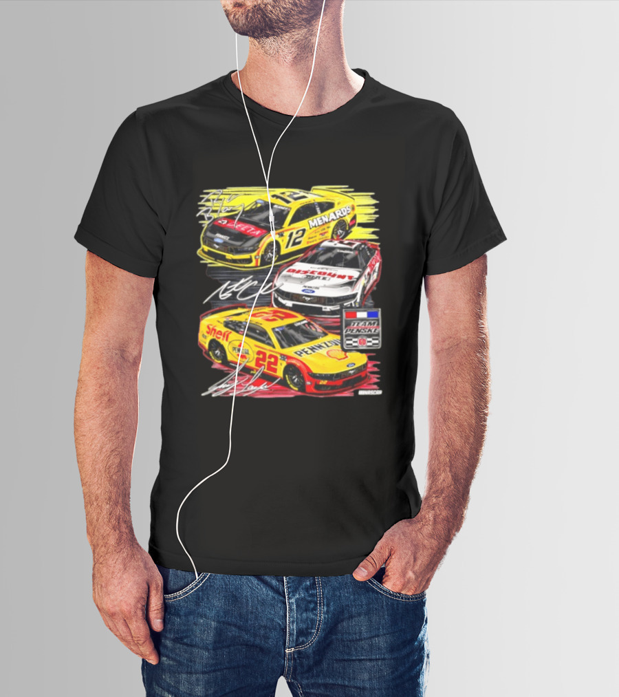 Team Penske 60th Anniversary NASCAR Racing Cars With Menards Shell Pennzoil Discount Tire Sponsors And Driver Signatures T-Shirt