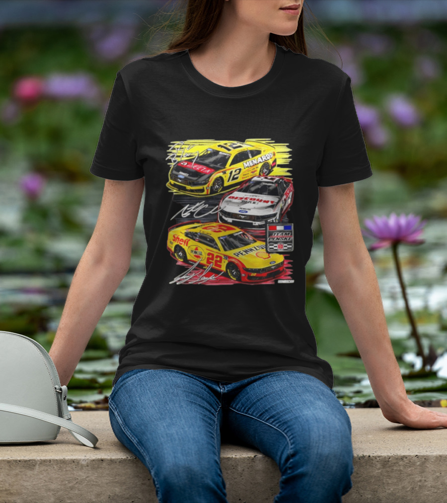 Team Penske 60th Anniversary NASCAR Racing Cars With Menards Shell Pennzoil Discount Tire Sponsors And Driver Signatures T-Shirt