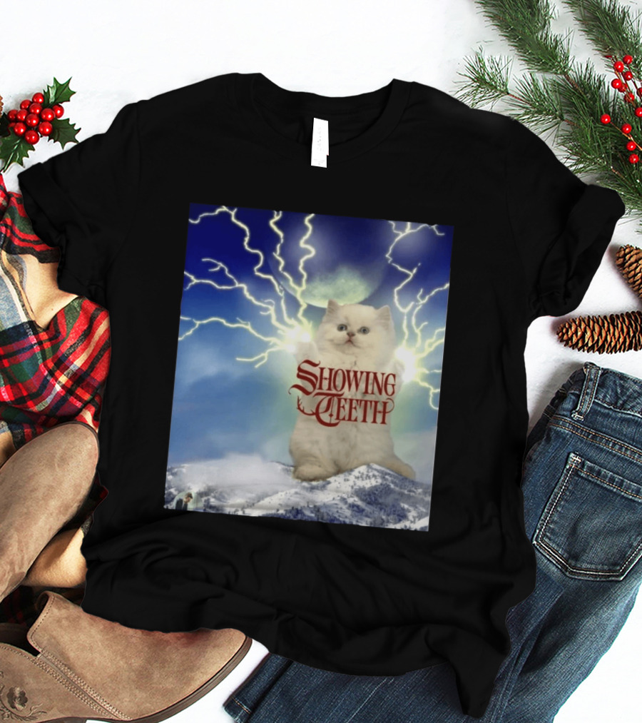 Showing Teeth Cat With Lightning Background In Blue Sky T-Shirt