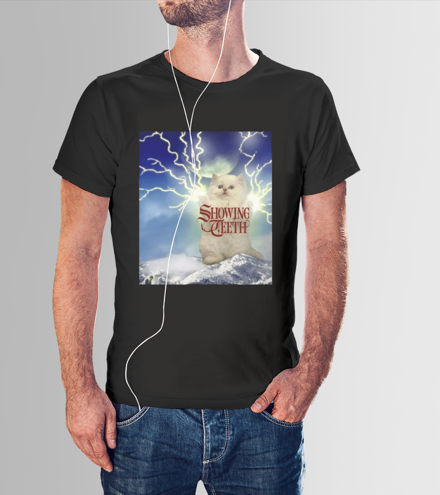 Showing Teeth Cat With Lightning Background In Blue Sky T-Shirt