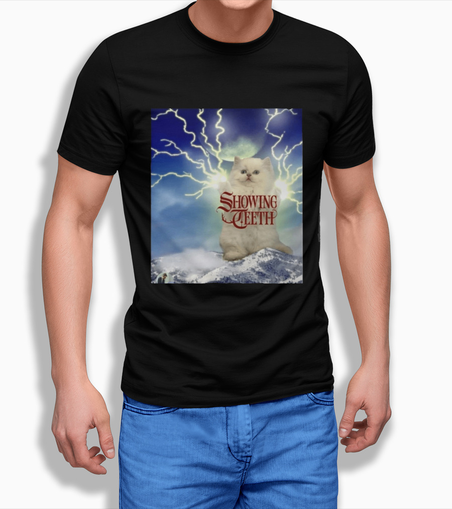 Showing Teeth Cat With Lightning Background In Blue Sky T-Shirt