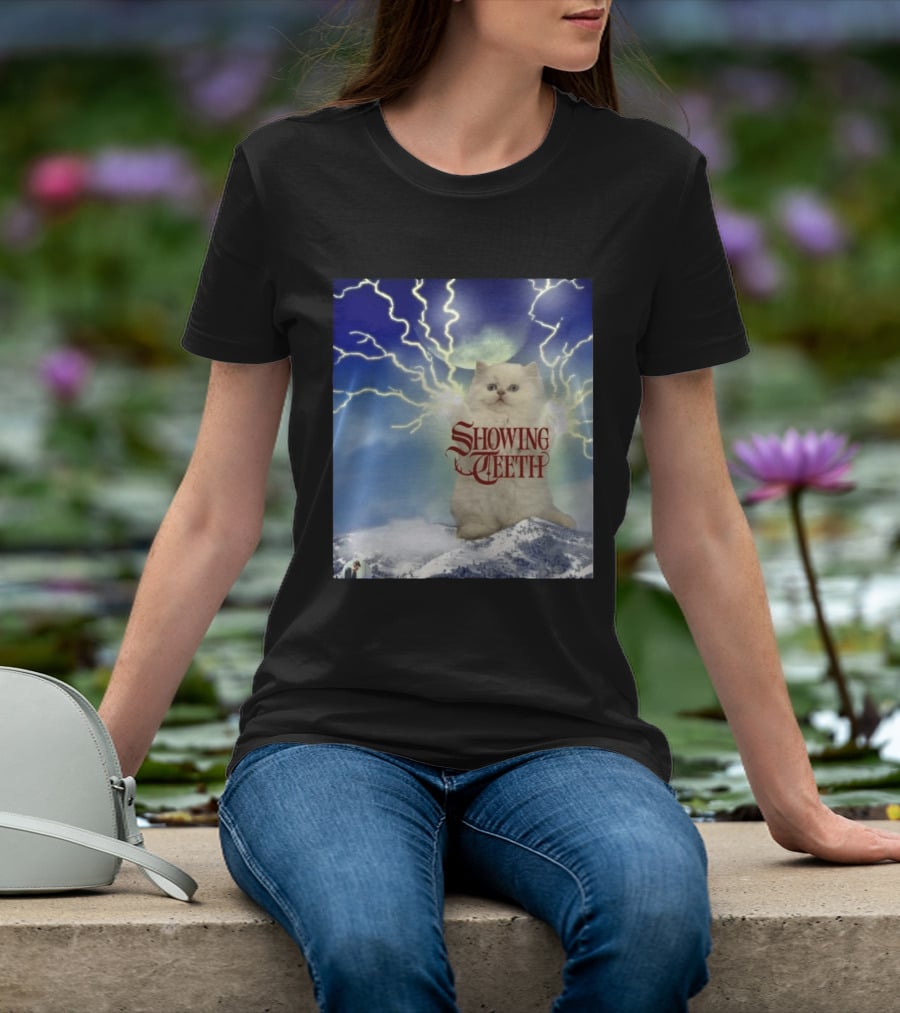 Showing Teeth Cat With Lightning Background In Blue Sky T-Shirt