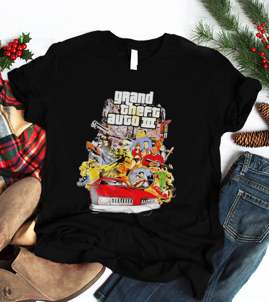 Grand Theft Auto III Characters Action Collage With Iconic Red Car T-Shirt