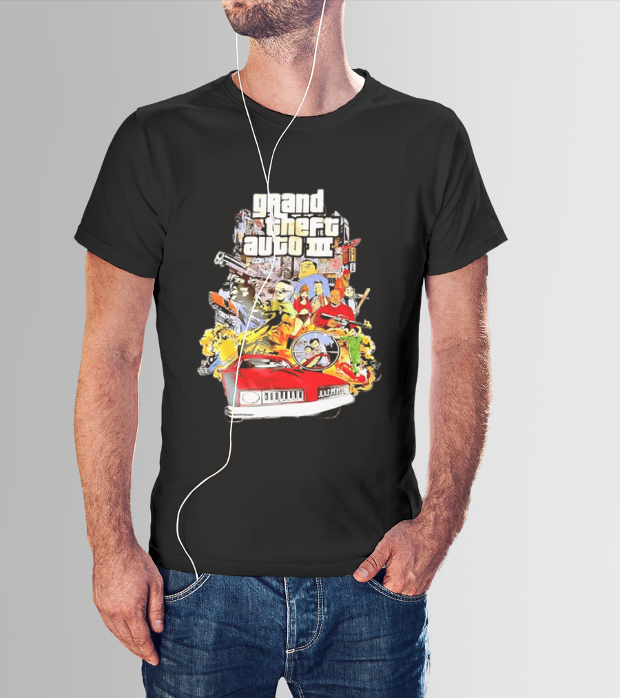 Grand Theft Auto III Characters Action Collage With Iconic Red Car T-Shirt