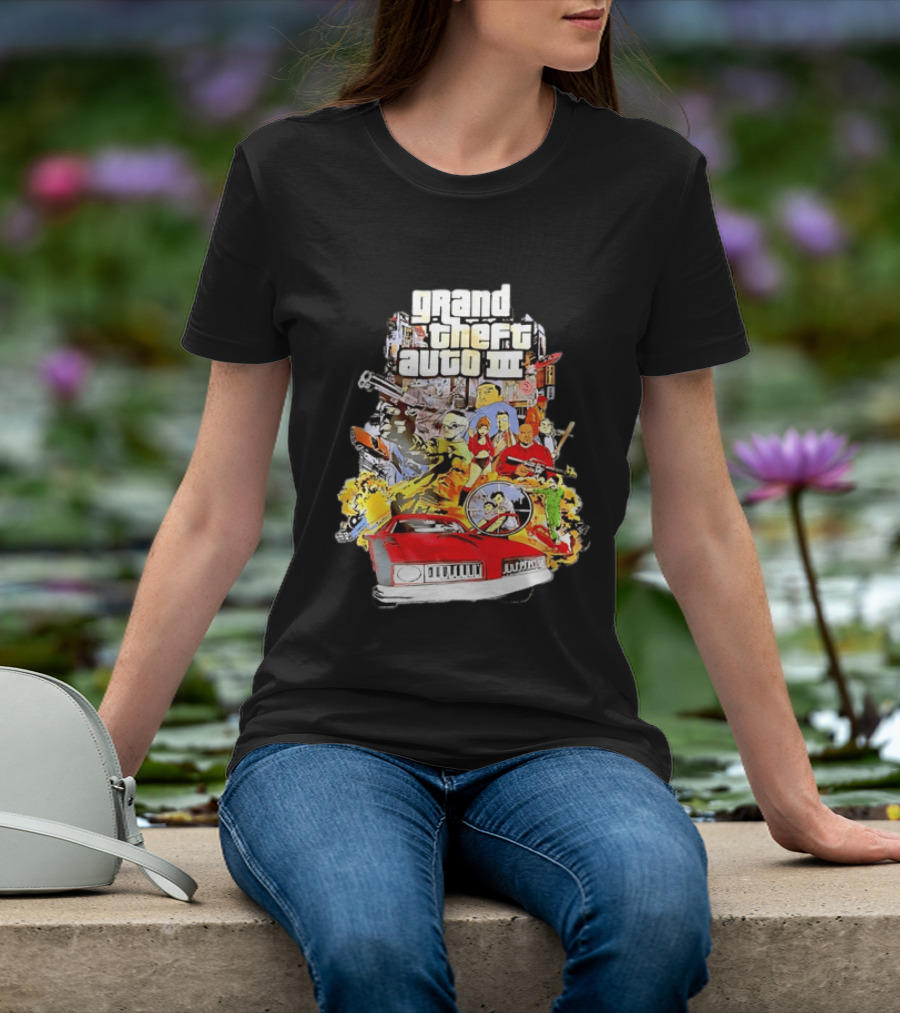 Grand Theft Auto III Characters Action Collage With Iconic Red Car T-Shirt