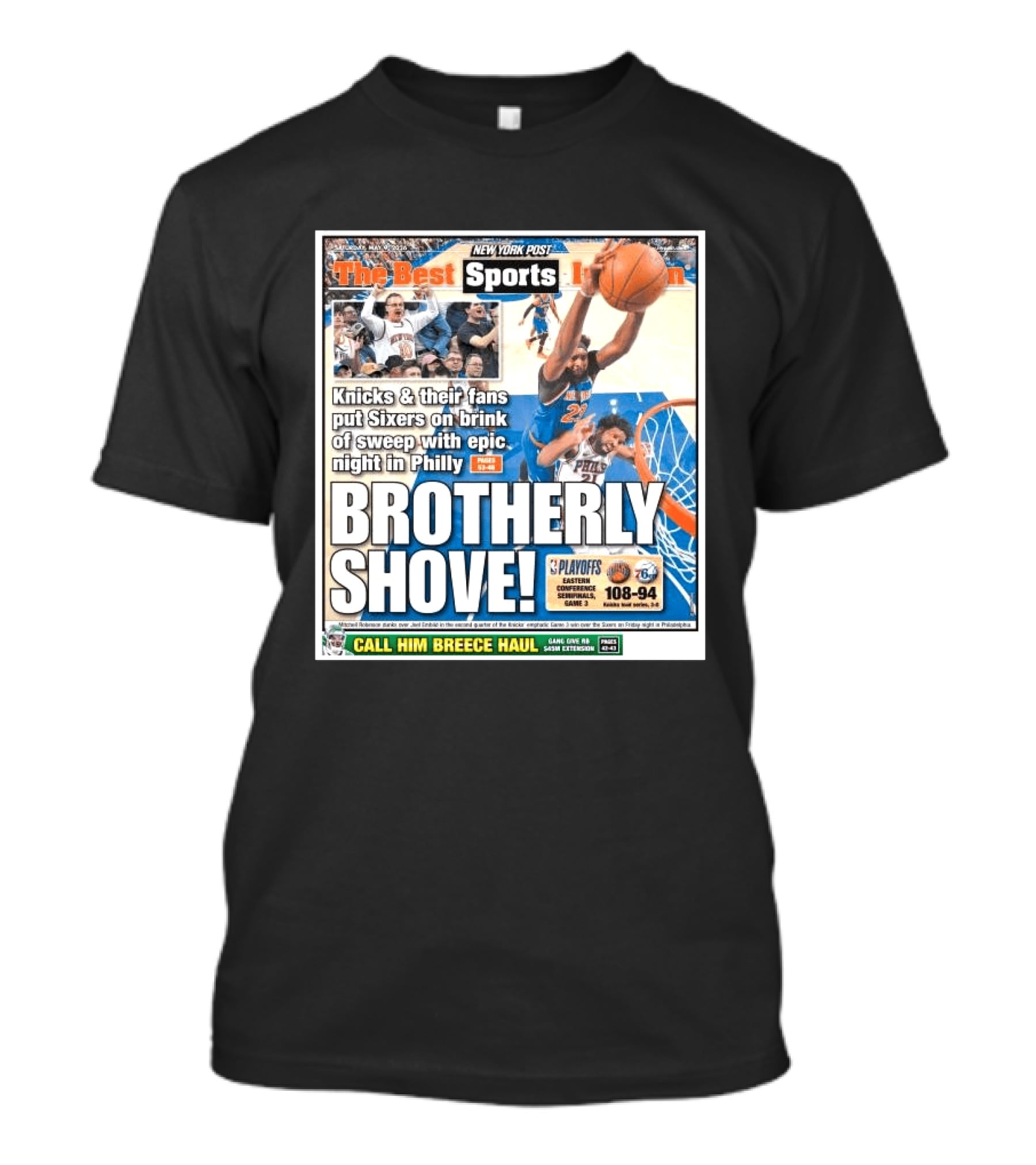 New York Post Sports Knicks Fans Put Sixers On Brink With Philly Brotherly Shove NBA Playoffs 2023 T-Shirt