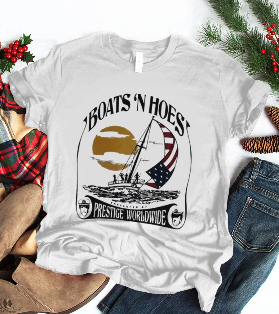 Boats N Hoes Prestige Worldwide USA Flag Sailing Sun Ocean T-Shirt