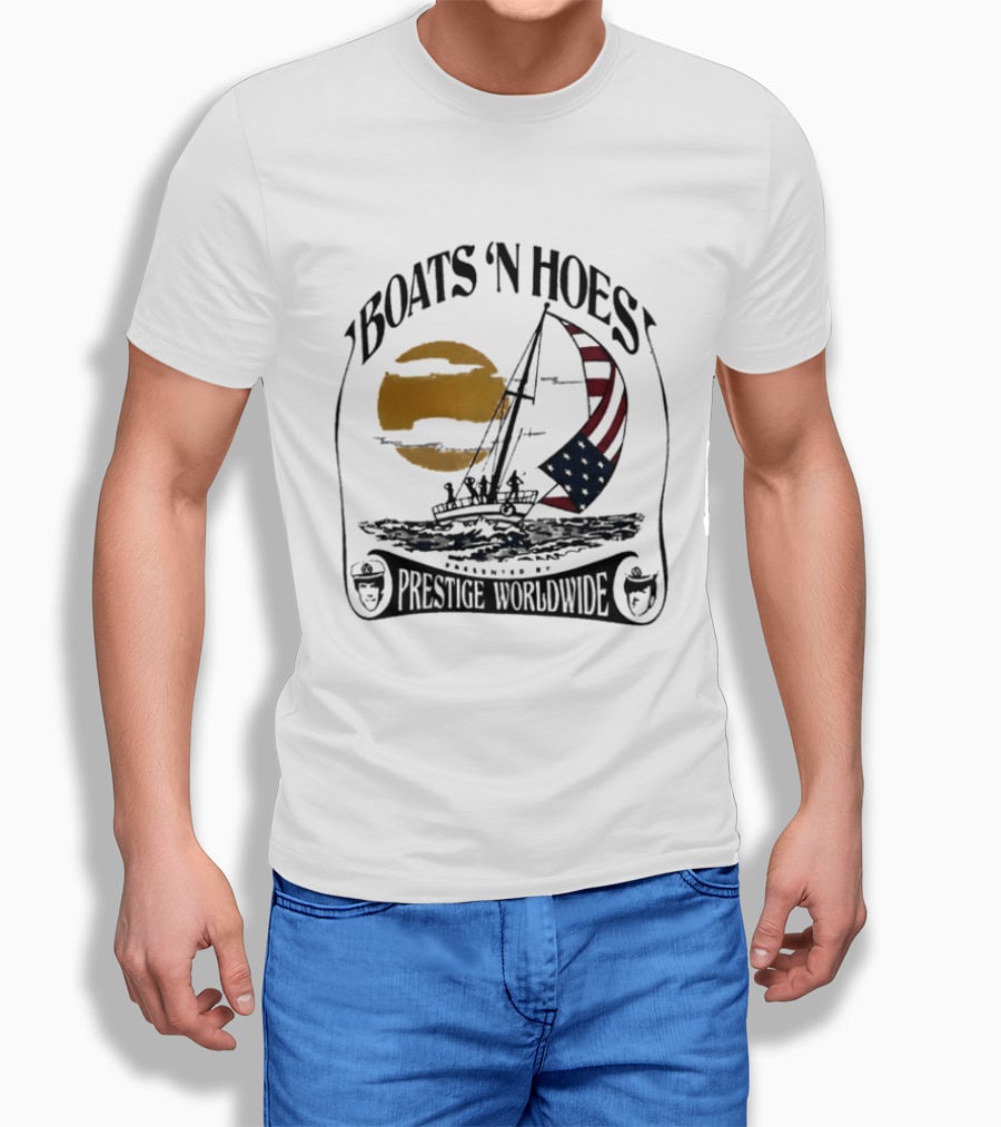 Boats N Hoes Prestige Worldwide USA Flag Sailing Sun Ocean T-Shirt