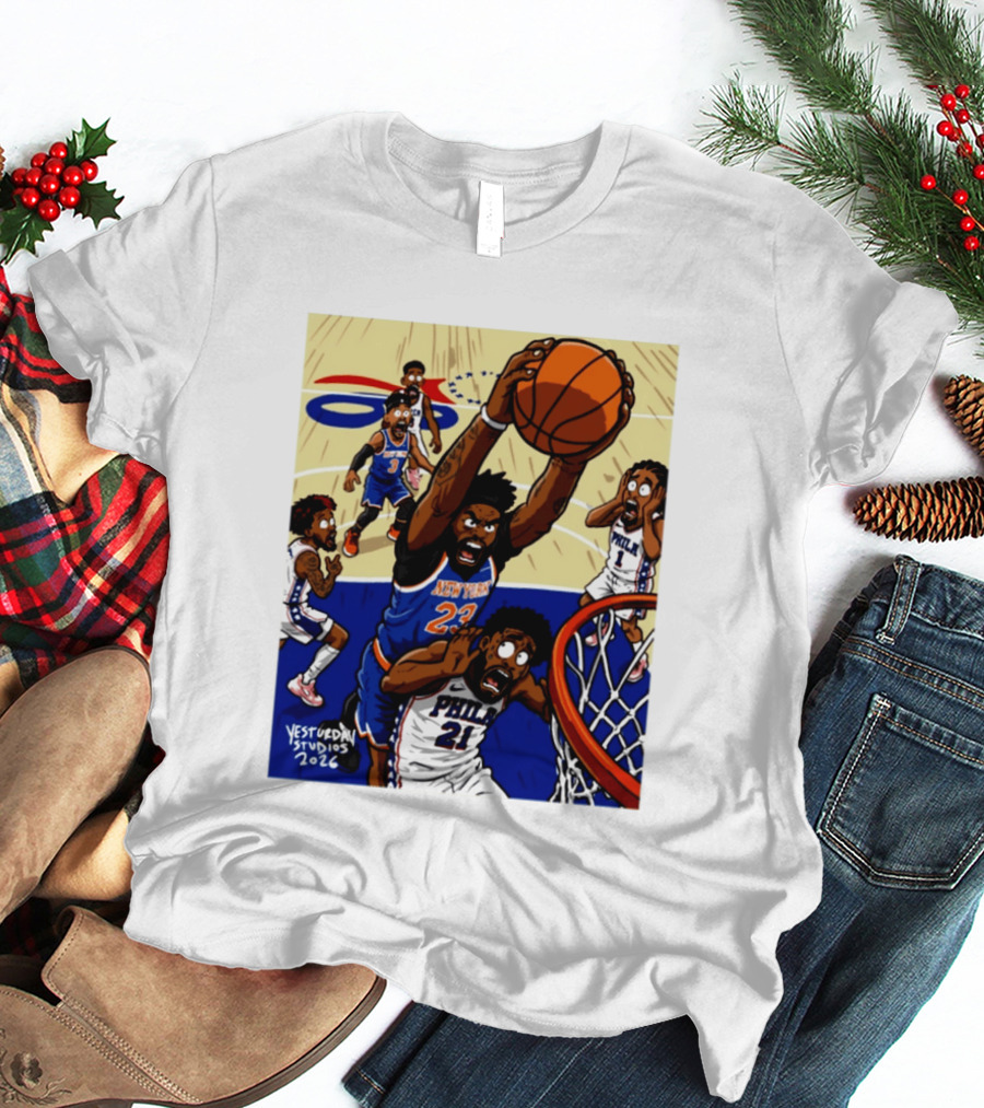 New York Knicks Mitchell Robinson Dunking On Philadelphia Joel Embiid Caricature 2026 Basketball Action T-Shirt