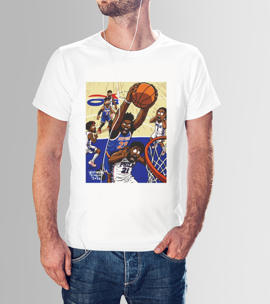 New York Knicks Mitchell Robinson Dunking On Philadelphia Joel Embiid Caricature 2026 Basketball Action T-Shirt