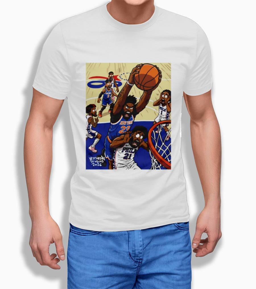 New York Knicks Mitchell Robinson Dunking On Philadelphia Joel Embiid Caricature 2026 Basketball Action T-Shirt
