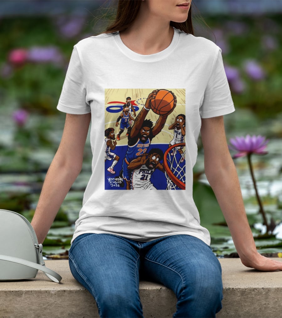 New York Knicks Mitchell Robinson Dunking On Philadelphia Joel Embiid Caricature 2026 Basketball Action T-Shirt