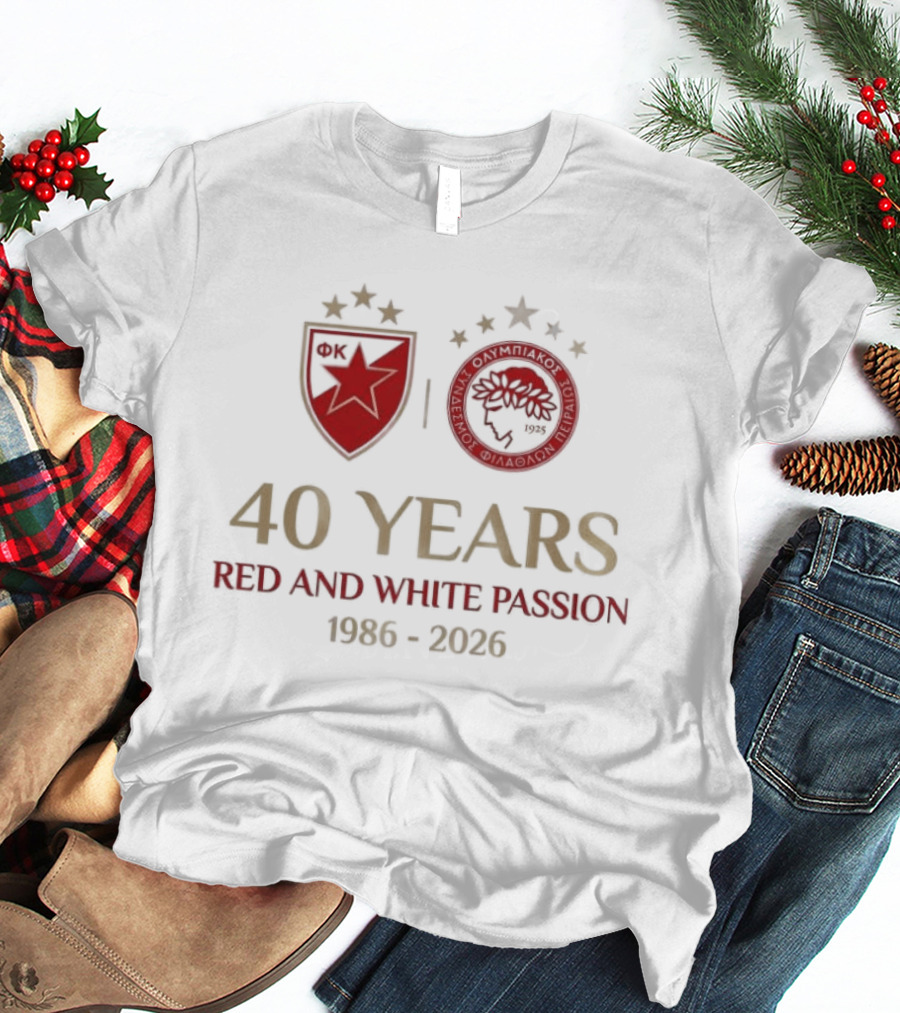 Olympiacos FC 40 Years Red And White Passion 1986 2026 T-Shirt