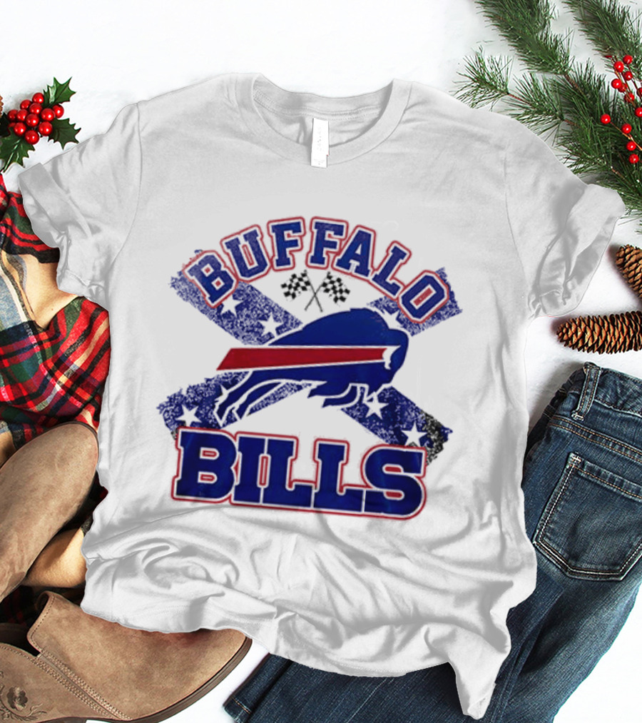 Buffalo Bills Caricature With Flag And Crossed Checkered Flags T-Shirt