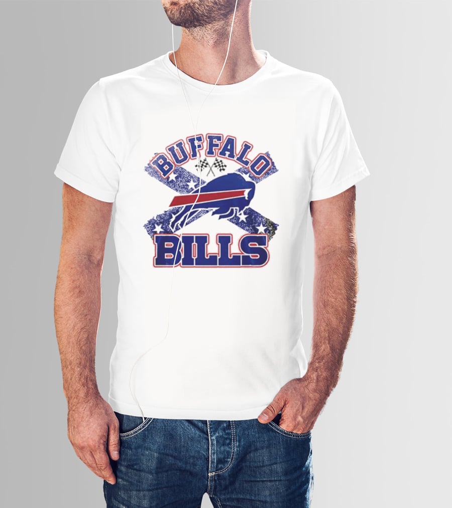 Buffalo Bills Caricature With Flag And Crossed Checkered Flags T-Shirt