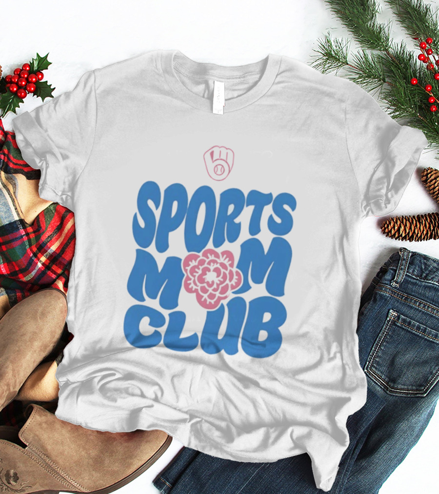 Milwaukee Brewers Sports Mom Club Mother's Day Baseball Mitt Flower T-Shirt