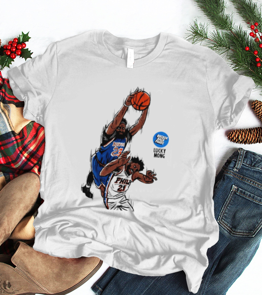 Knicks Vs 76ers Game 4 Iconic Moment Joel Embiid Mitchell Robinson NBA Matchup T-Shirt