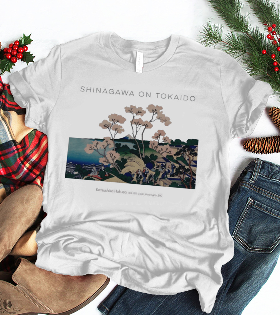 Shinagawa On Tokaido Katsushika Hokusai Cherry Blossoms And Travelers In Edo Period Japan T-Shirt