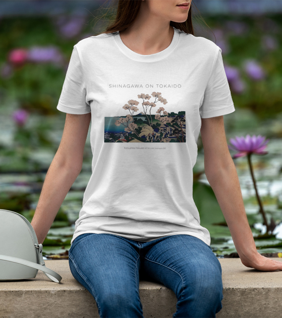Shinagawa On Tokaido Katsushika Hokusai Cherry Blossoms And Travelers In Edo Period Japan T-Shirt