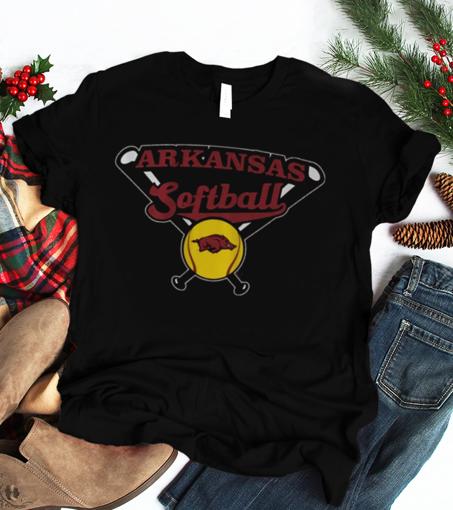 Arkansas Softball Crossed Bats Razorbacks Yellow Ball T-Shirt