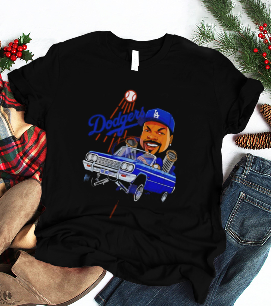 Ice Cube Cartoon Driving Lowrider Los Angeles Dodgers Baseball T-Shirt