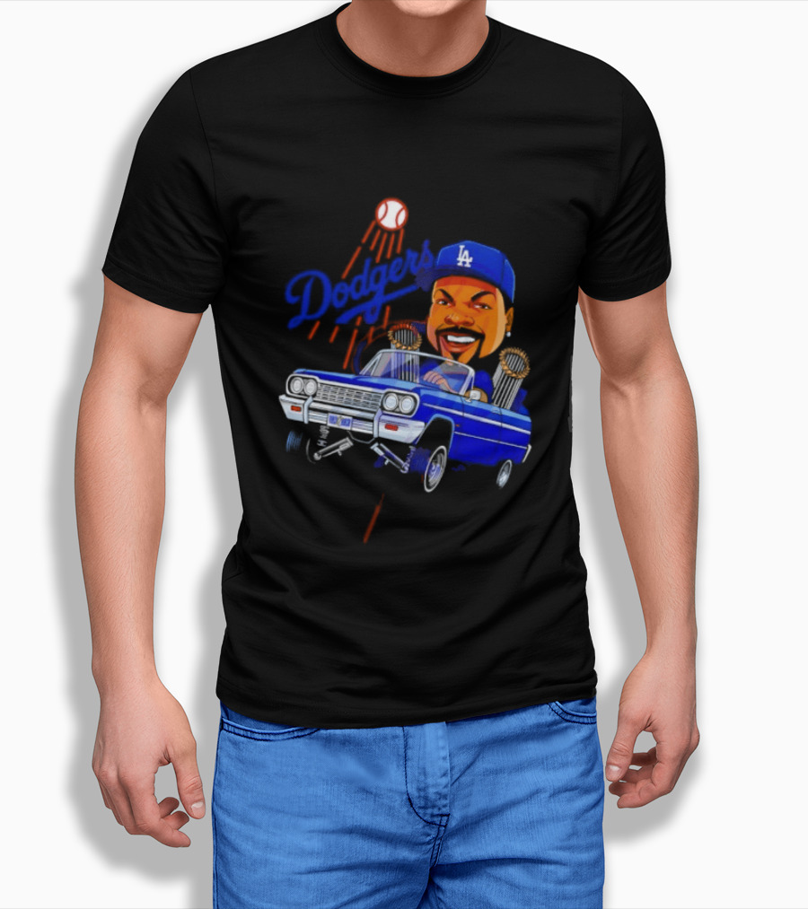 Ice Cube Cartoon Driving Lowrider Los Angeles Dodgers Baseball T-Shirt