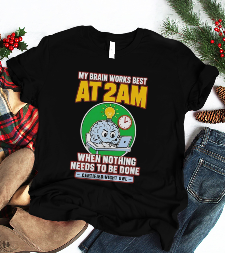 My Brain Works Best At 2am When Nothing Needs To Be Done Certified Night Owl T-Shirt