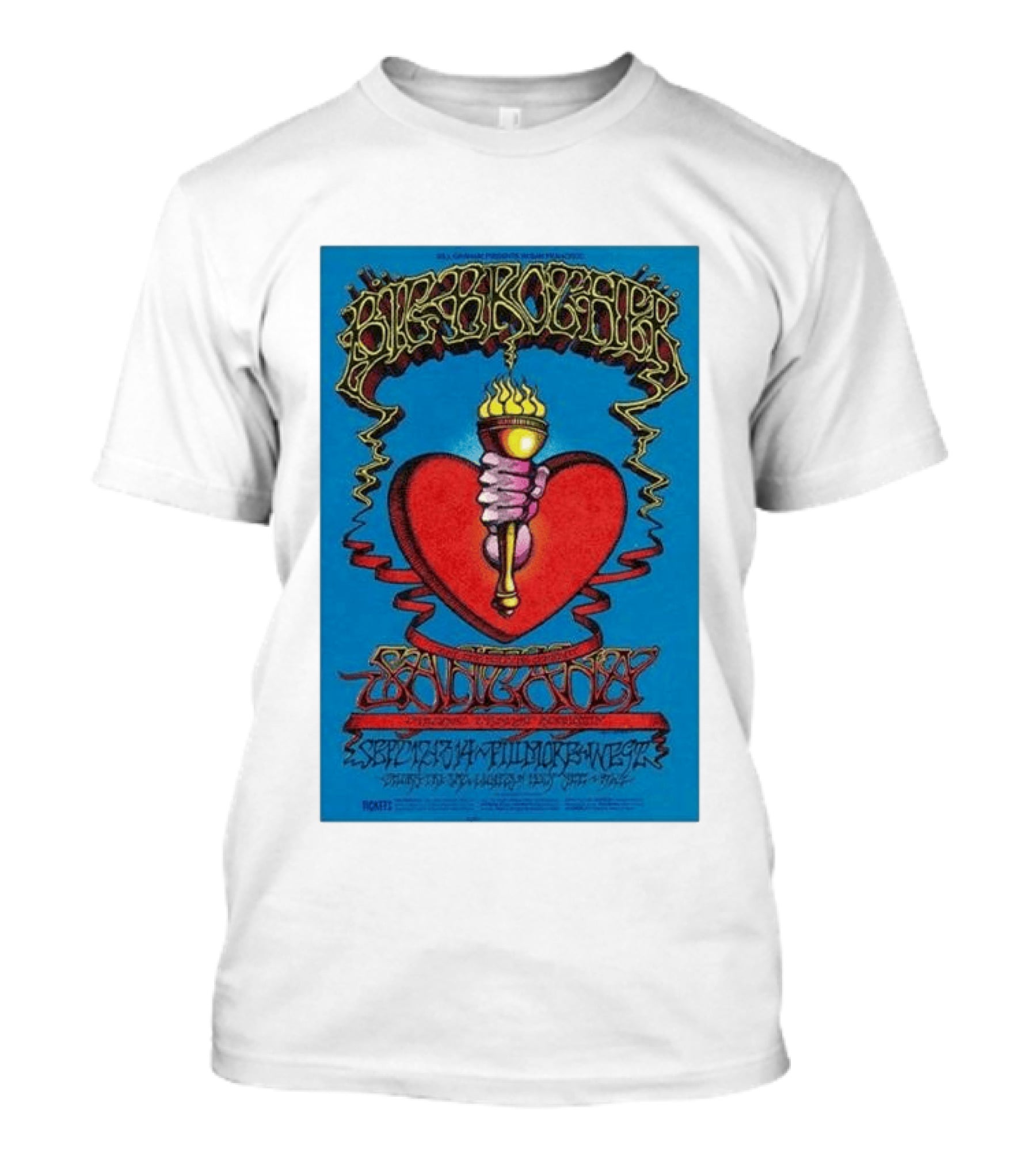 Big Brother The Holding Company Blue Background Red Heart And Torch Iconic Psychedelic T-Shirt