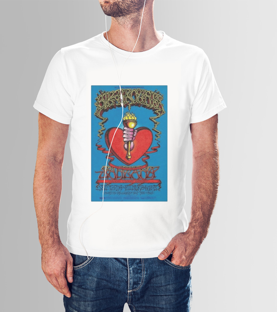 Big Brother The Holding Company Blue Background Red Heart And Torch Iconic Psychedelic T-Shirt