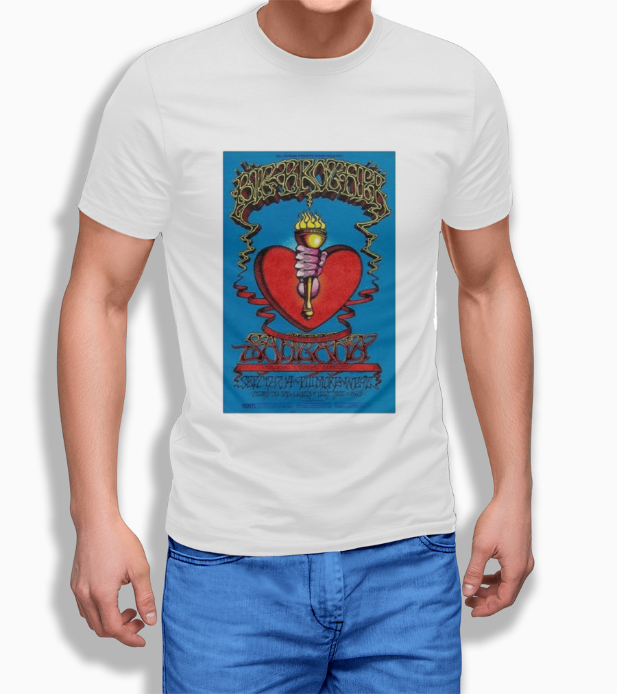 Big Brother The Holding Company Blue Background Red Heart And Torch Iconic Psychedelic T-Shirt