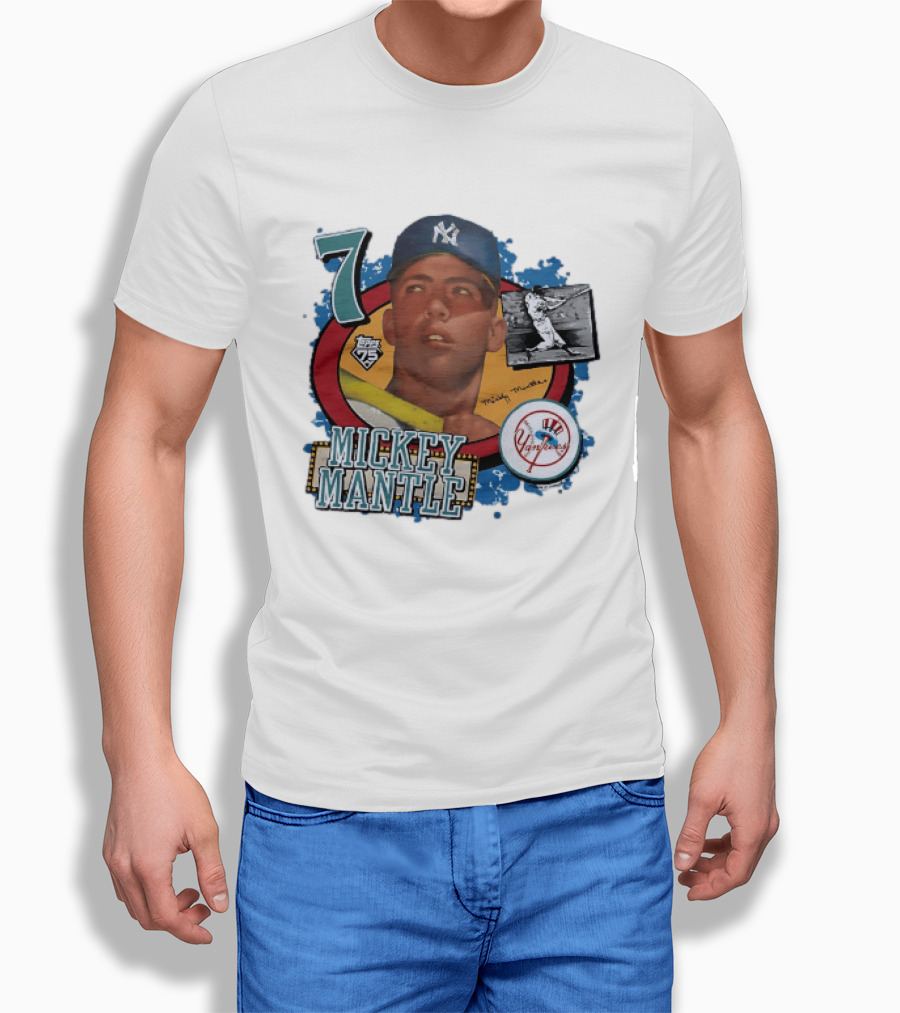 Mickey Mantle New York Yankees Topps 75 Number 7 Yankees Patch T-Shirt