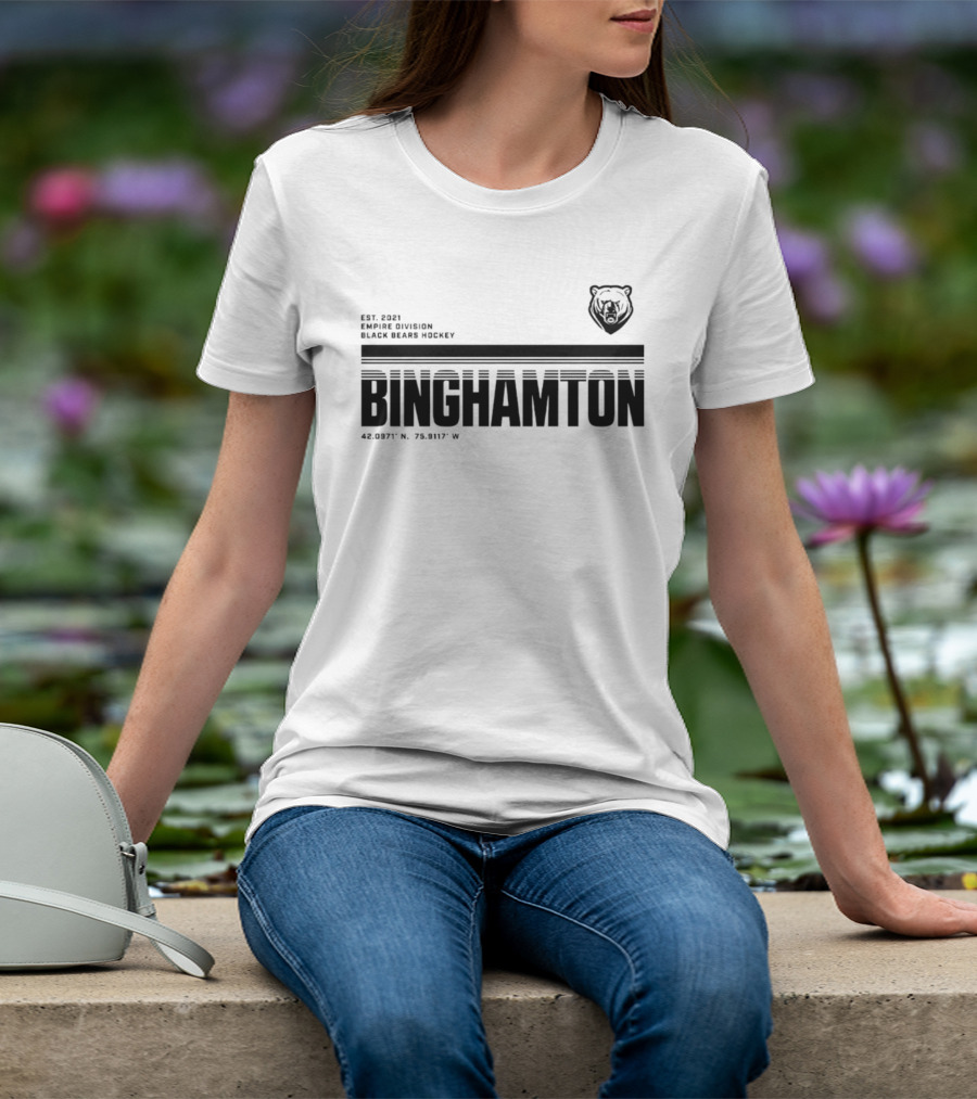 Binghamton Empire Division Black Bears Hockey Est. 2021 Coordinates 42.0987° N, 75.9117° W T-Shirt