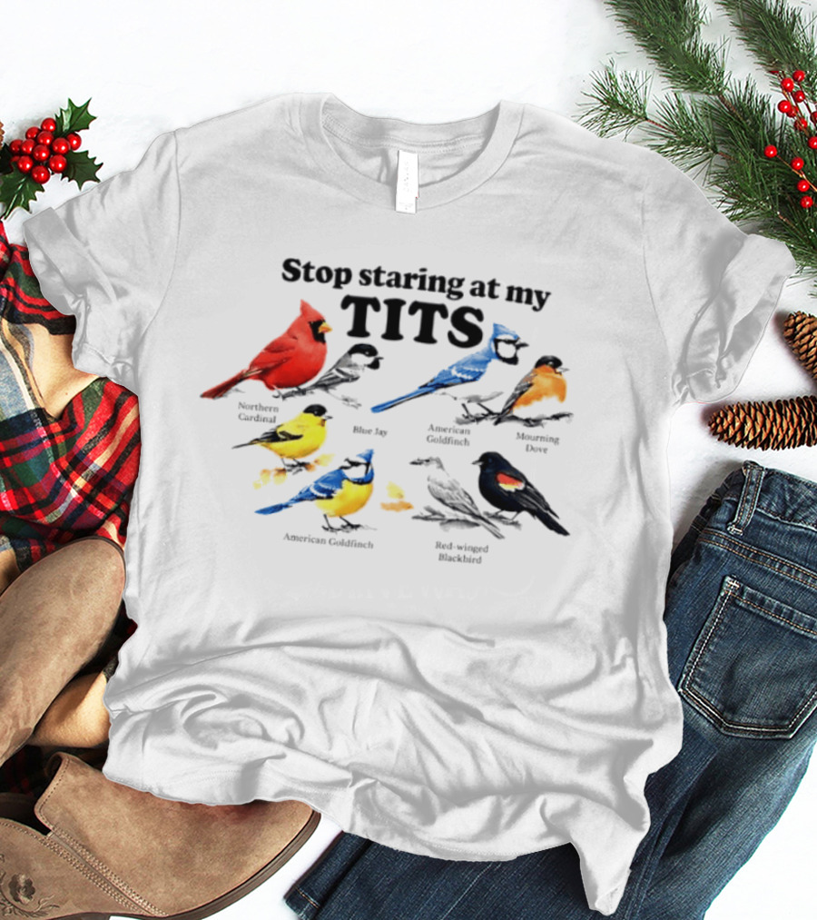Stop Staring At My Tits Northern Cardinal Blue Jay American Goldfinch Mourning Dove Red Winged Blackbird T-Shirt