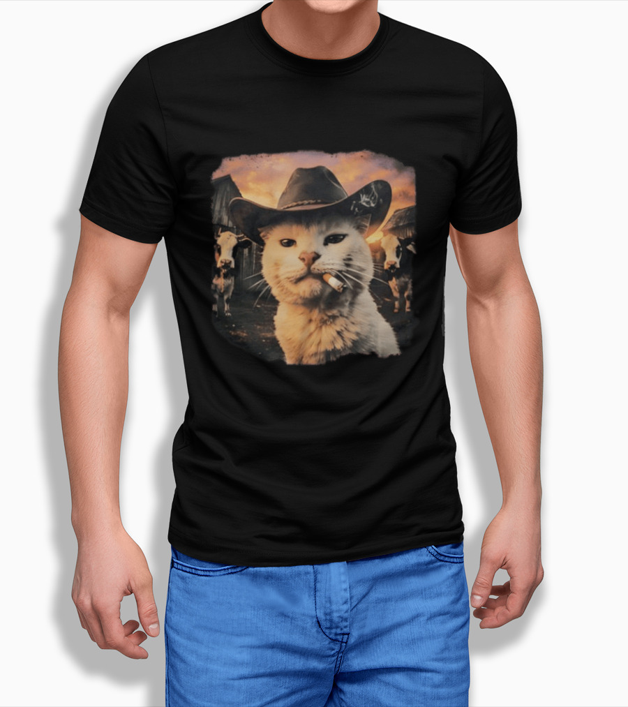 Cowboy Cat Smoking Cigarette In Rustic Barnyard Scene With Cows T-Shirt