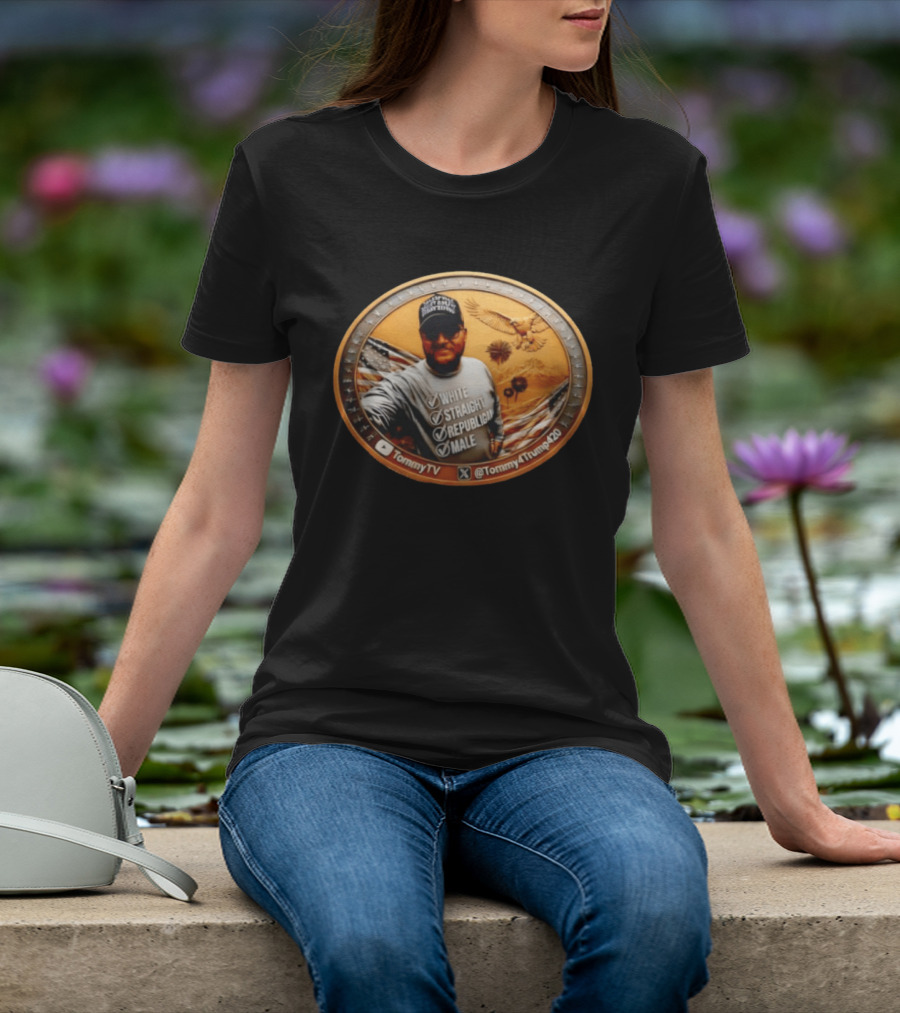 TommyTV Tommy4Trump420 White Straight Republican Male Coin With Eagle And American Flags T-Shirt
