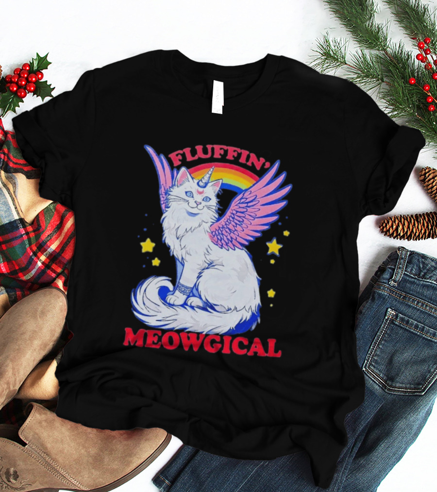 Fluffin' Meowgical Winged Unicorn Cat Rainbow Stars T-Shirt