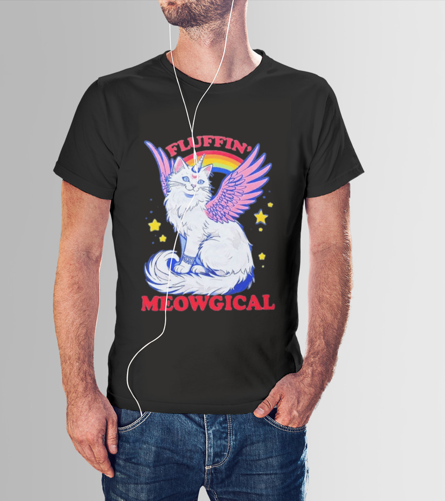 Fluffin' Meowgical Winged Unicorn Cat Rainbow Stars T-Shirt