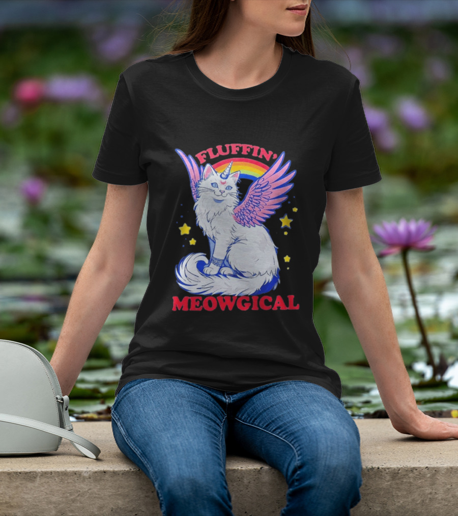 Fluffin' Meowgical Winged Unicorn Cat Rainbow Stars T-Shirt