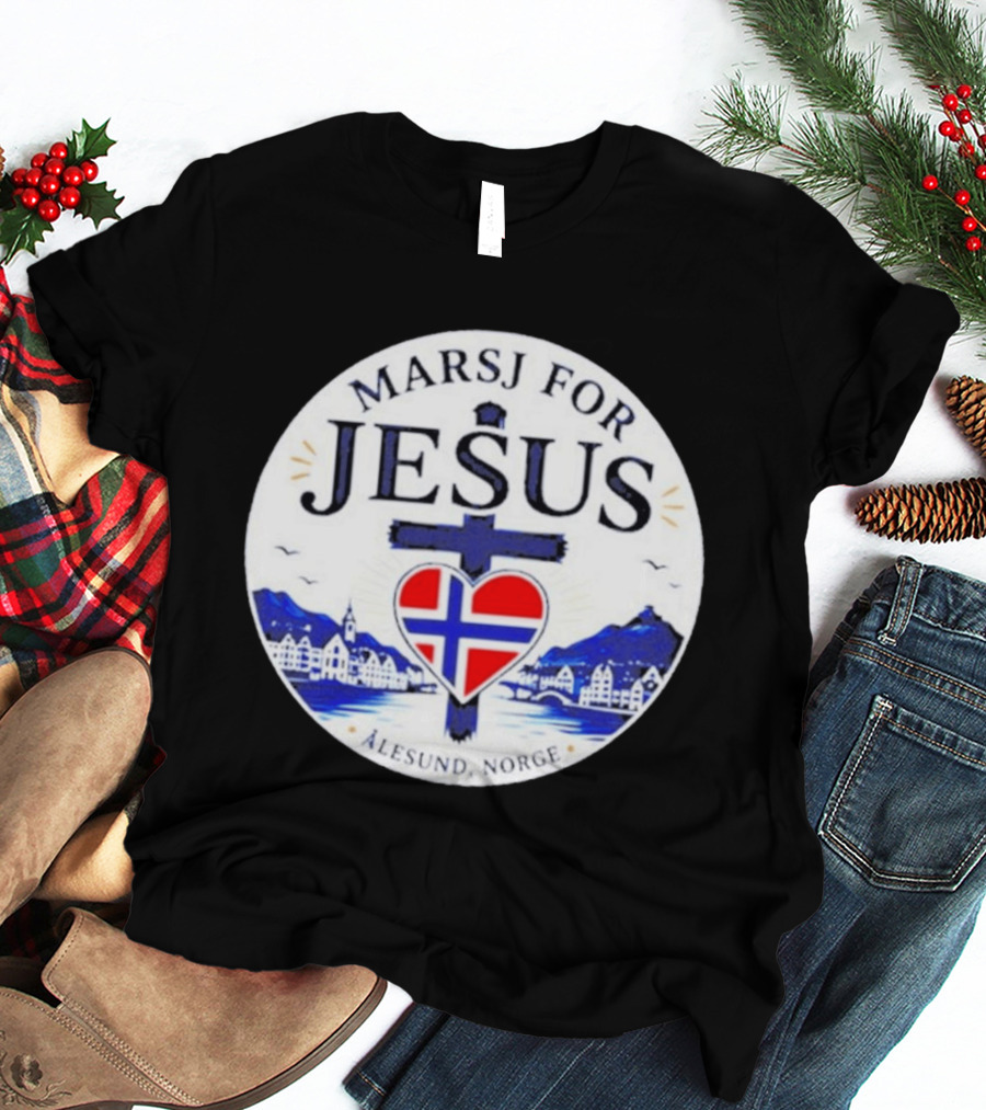 Marsj For Jesus Ålesund Norge Heart And Cross With Norwegian Flag T-Shirt